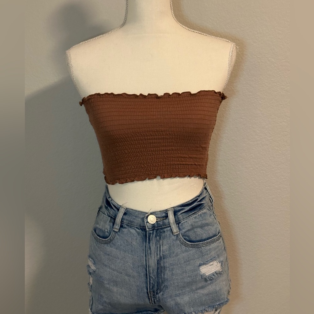 Brown Stretchy Ruffle Crop Top Size Tube Top Strapless Small